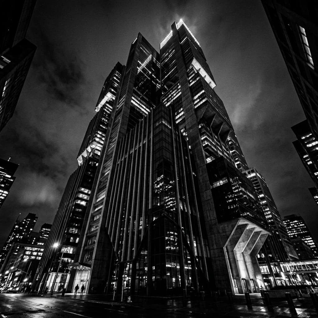 Arquitetura de arranha-céu ultra-moderno refletindo luzes da cidade à noite com alto contraste e ângulos afiados